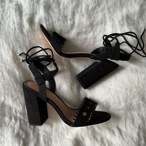 Laser Cut Strappy Suede Open-toe Heels - Size 7.5